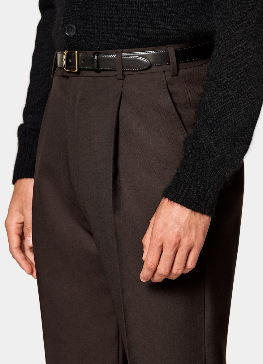 SUITSUPPLY All Season Pure Wool by Vitale Barberis Canonico, Italy Dark Brown Wide Leg Straight Trousers