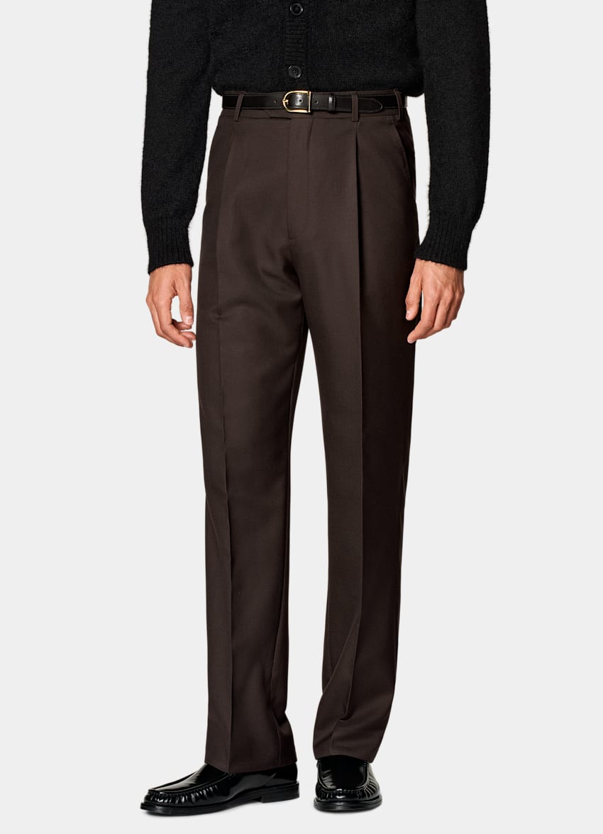 SUITSUPPLY All Season Pure Wool by Vitale Barberis Canonico, Italy Dark Brown Wide Leg Straight Trousers