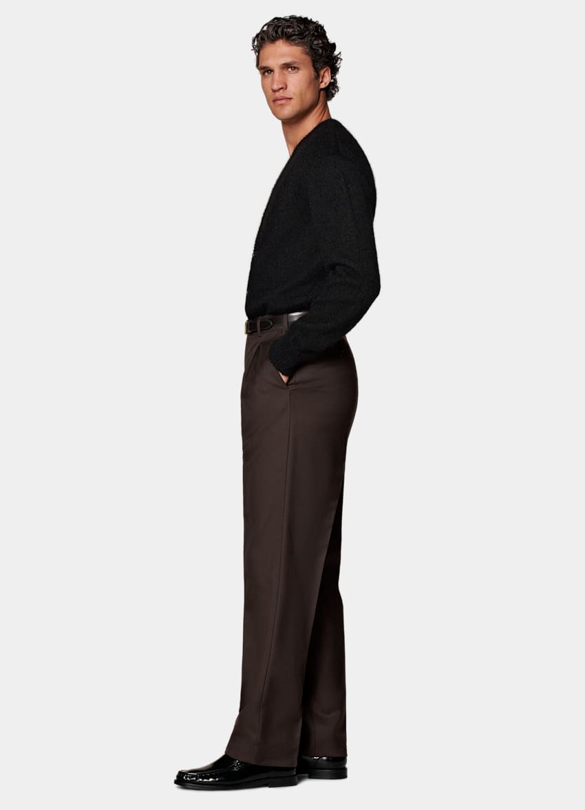 SUITSUPPLY All Season Pure Wool by Vitale Barberis Canonico, Italy Dark Brown Wide Leg Straight Trousers