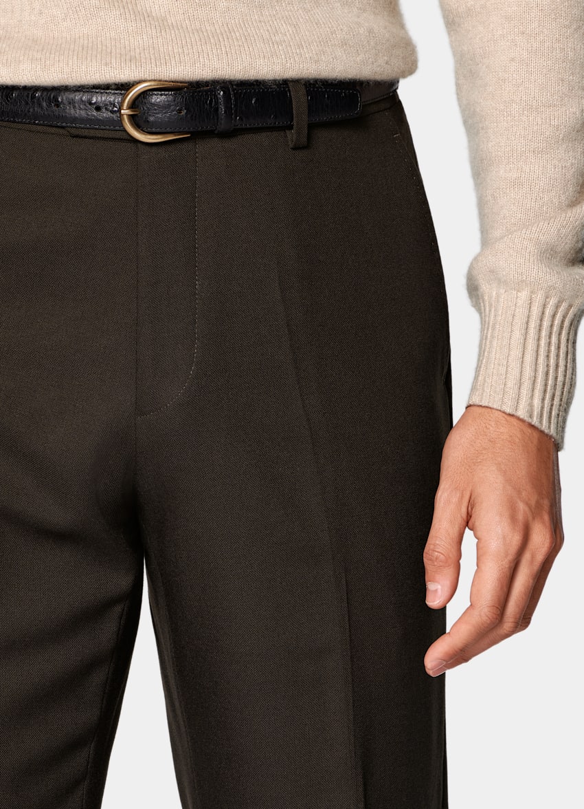 Dark Brown Straight Leg Pants in Wrinkle-Free 4-Ply Wool