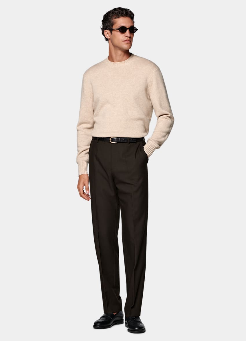 Dark Brown Straight Leg Pants in Wrinkle-Free 4-Ply Wool
