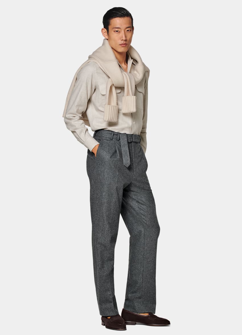 SUITSUPPLY Circular Wool Flannel by Vitale Barberis Canonico, Italy  Mid Grey Belted Sortino Pants