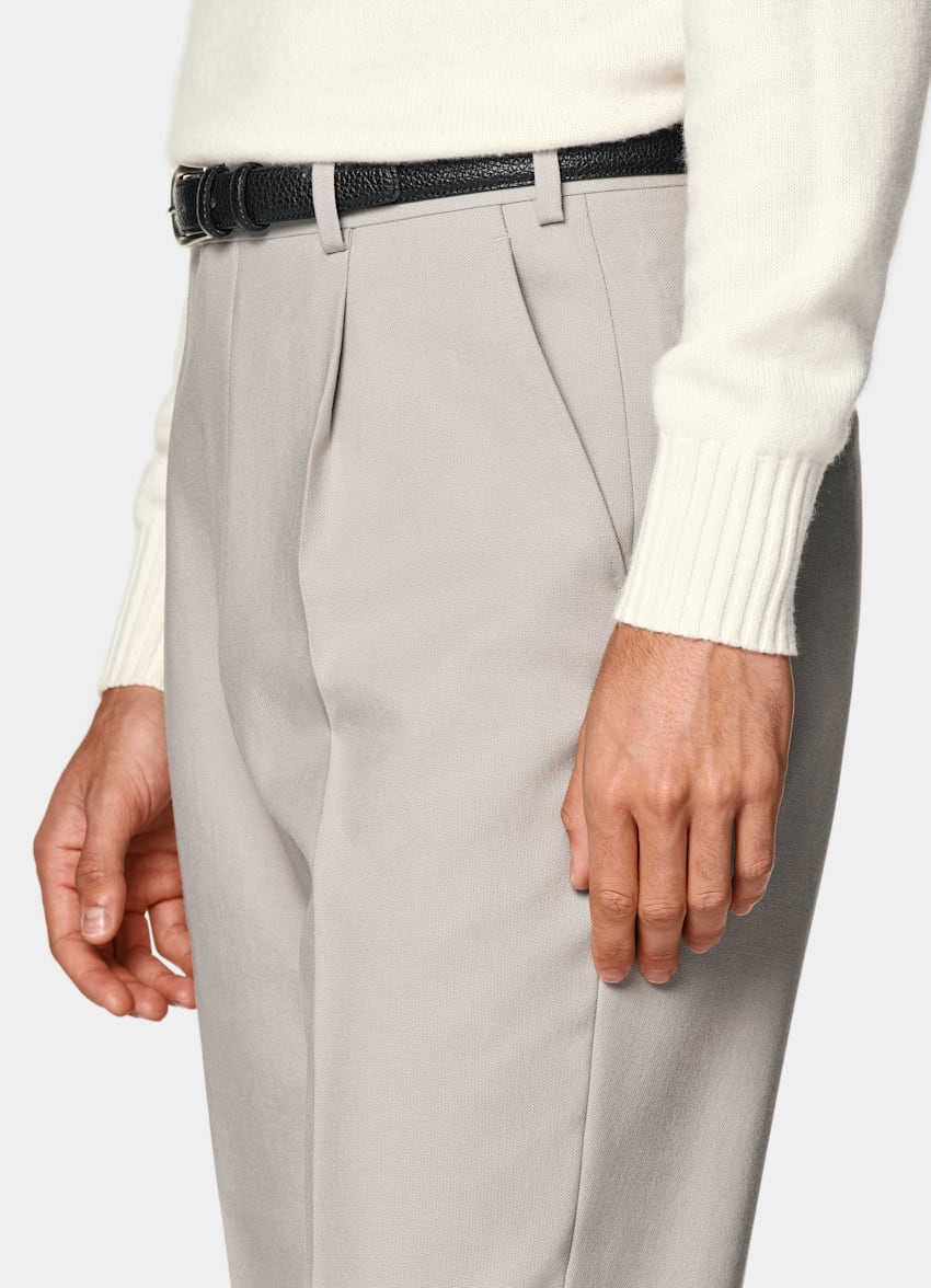 Light Taupe Wide Leg Tapered Pants in Wrinkle-Free 4-Ply