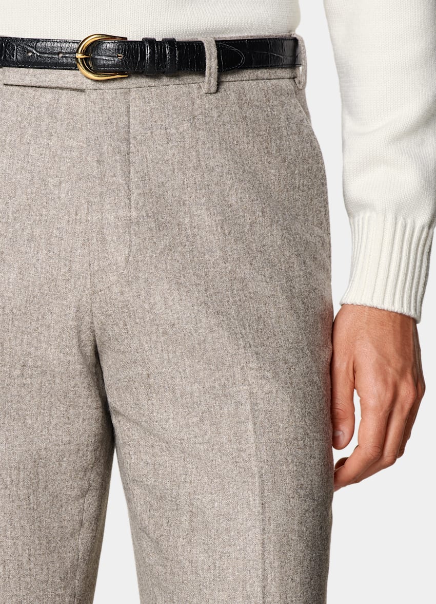 SUITSUPPLY Winter Circular Wool Flannel by Vitale Barberis Canonico, Italy  Taupe Straight Leg Pants