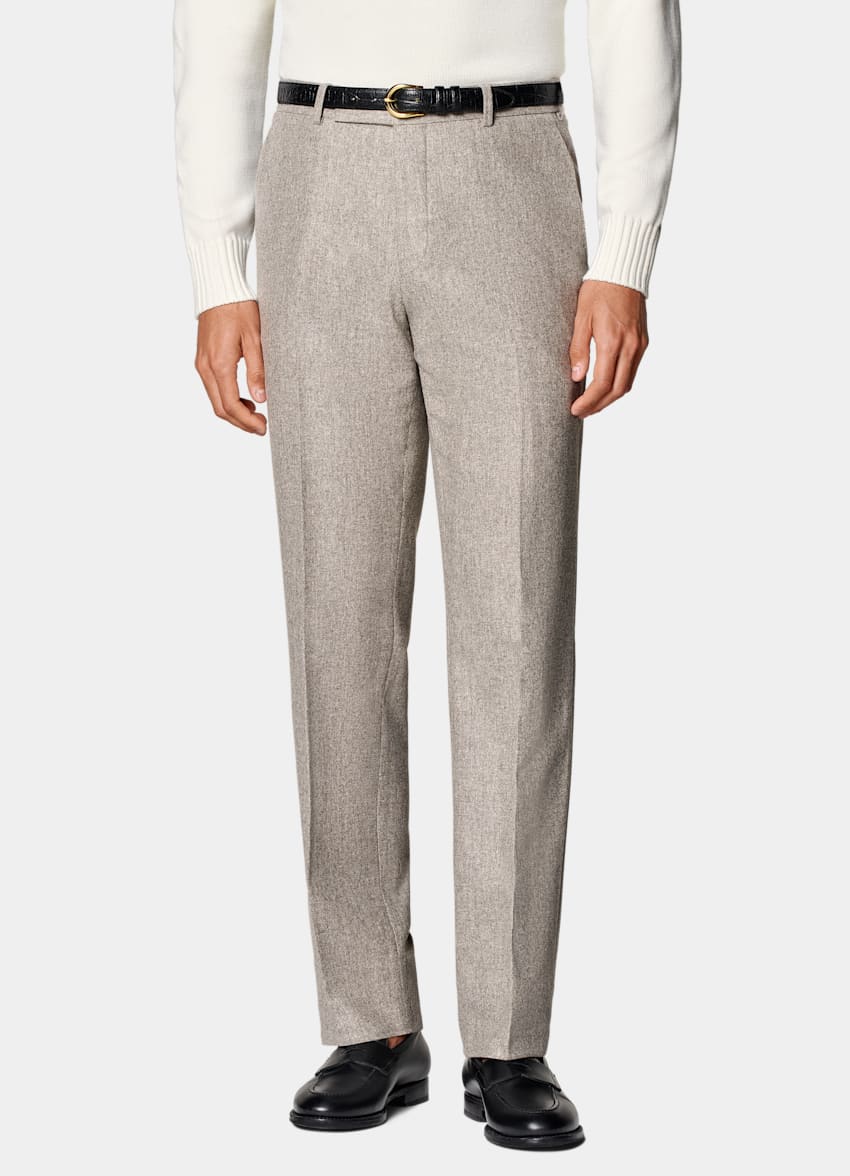 SUITSUPPLY Winter Circular Wool Flannel by Vitale Barberis Canonico, Italy  Taupe Straight Leg Pants