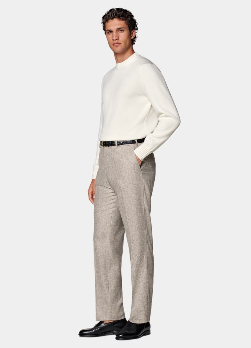 SUITSUPPLY Winter Circular Wool Flannel by Vitale Barberis Canonico, Italy  Taupe Straight Leg Pants