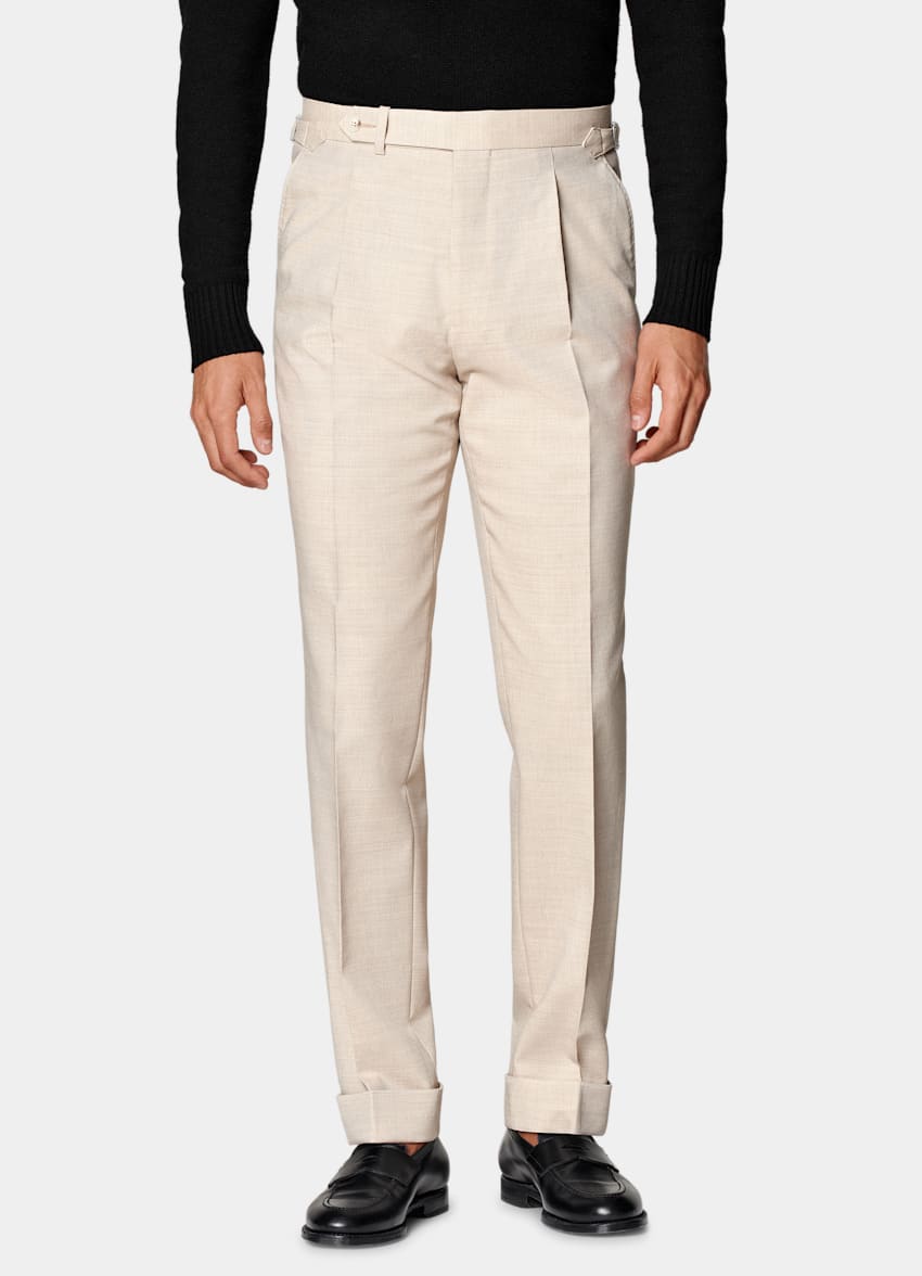 SUITSUPPLY All Season Pure 4-Ply Traveller Wool by Rogna, Italy Sand Slim Leg Tapered Trousers