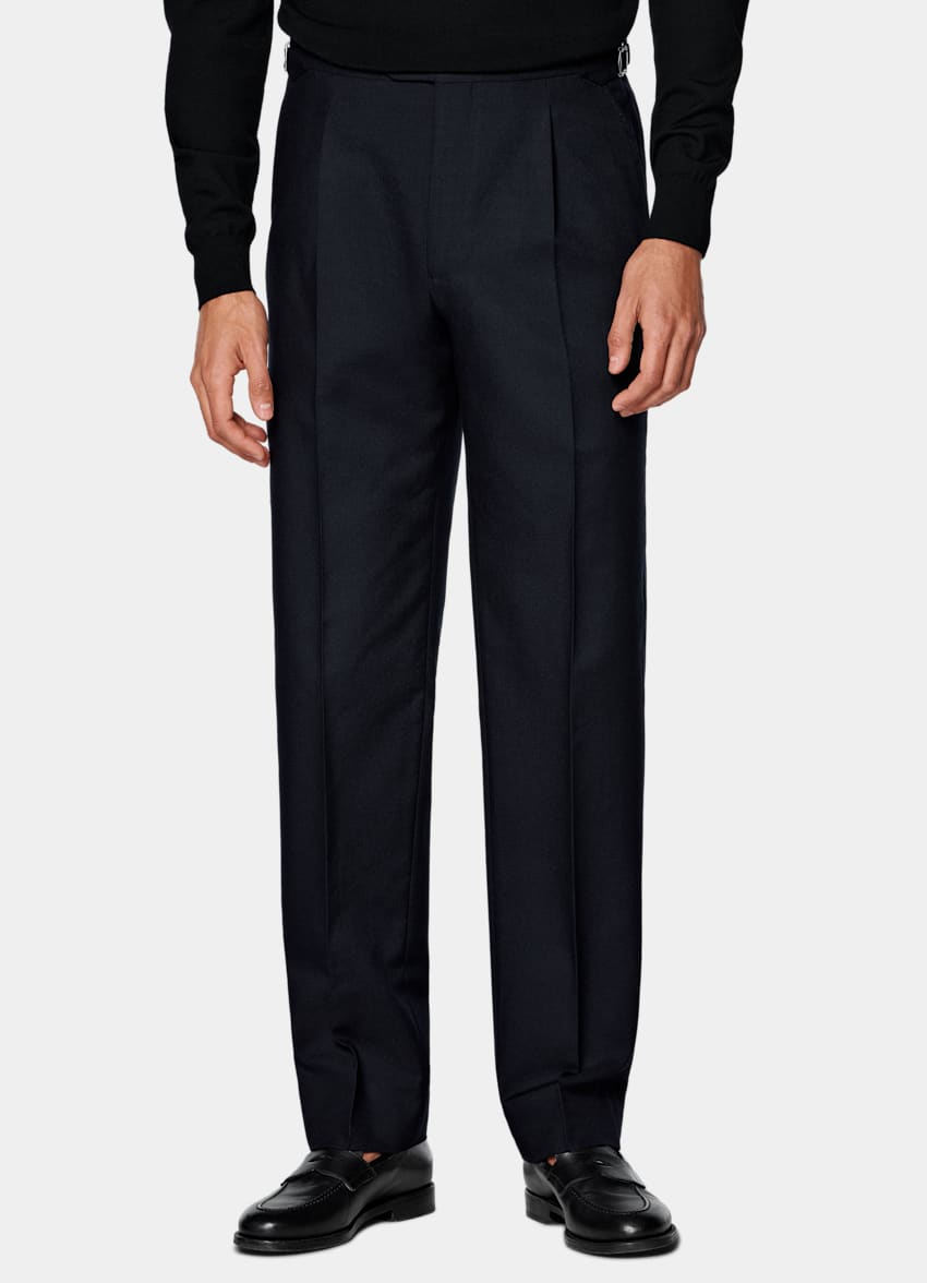 Navy Wide Leg Tapered Suit Trousers in Wrinkle-Free 4-Ply