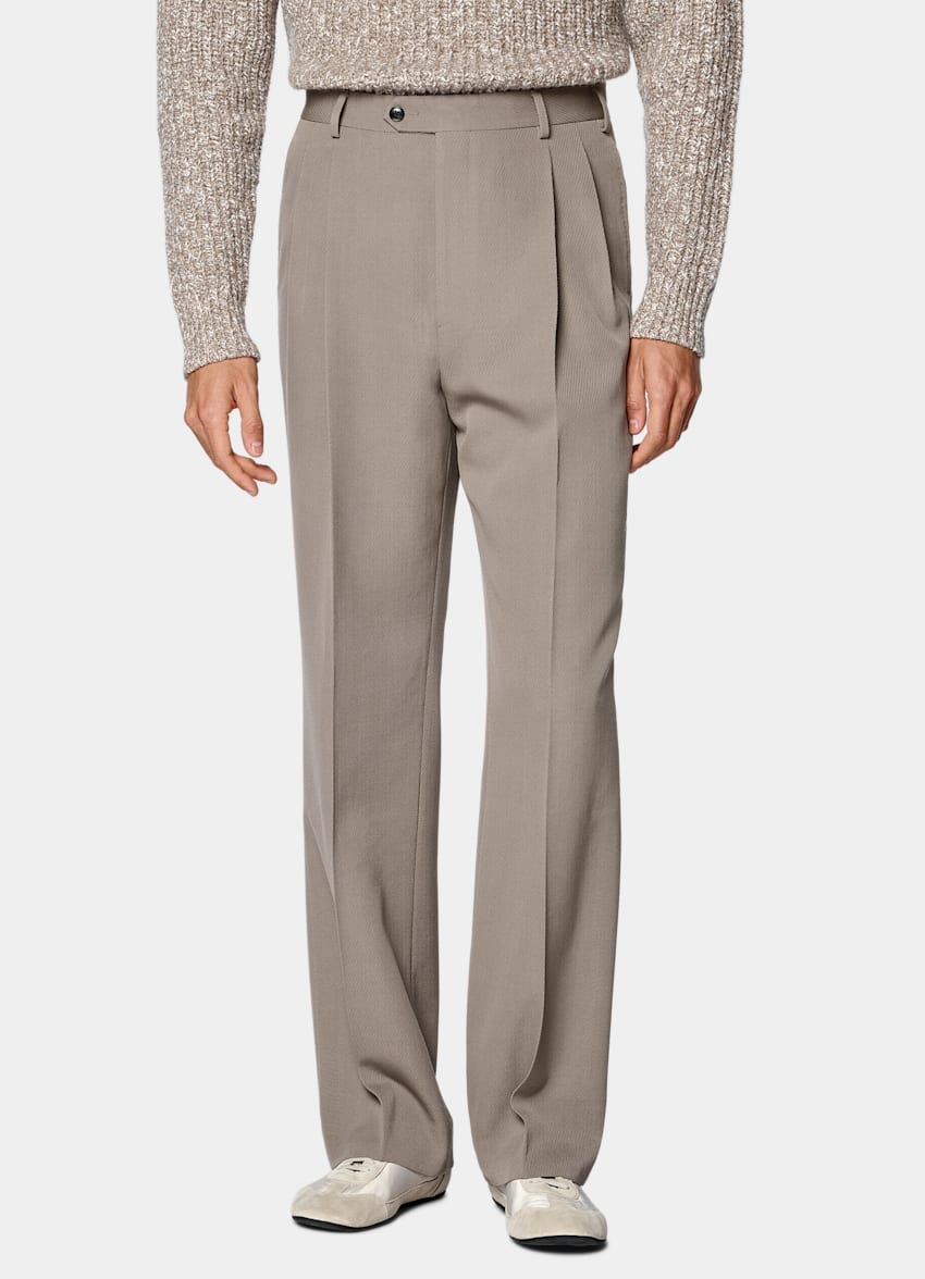SUITSUPPLY All Season Wrinkle-Free 4-Ply Wool by Rogna, Italy Mid Taupe Wide Leg Suit Trousers