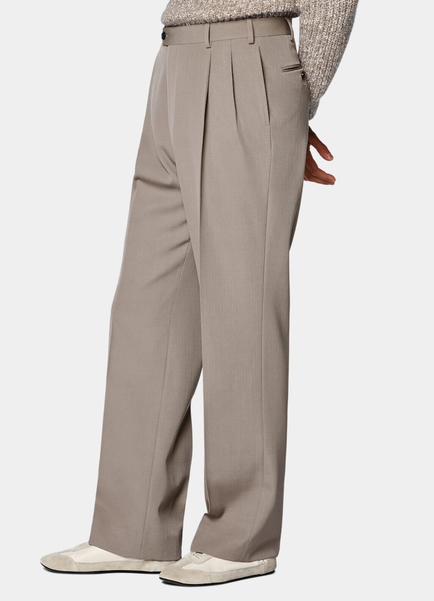 SUITSUPPLY All Season Wrinkle-Free 4-Ply Wool by Rogna, Italy Mid Taupe Wide Leg Suit Trousers