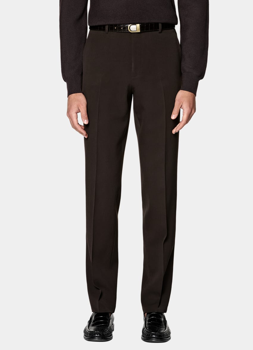 SUITSUPPLY All Season Wrinkle-Free 4-Ply Wool by Rogna, Italy Dark Brown Straight Leg Suit Trousers