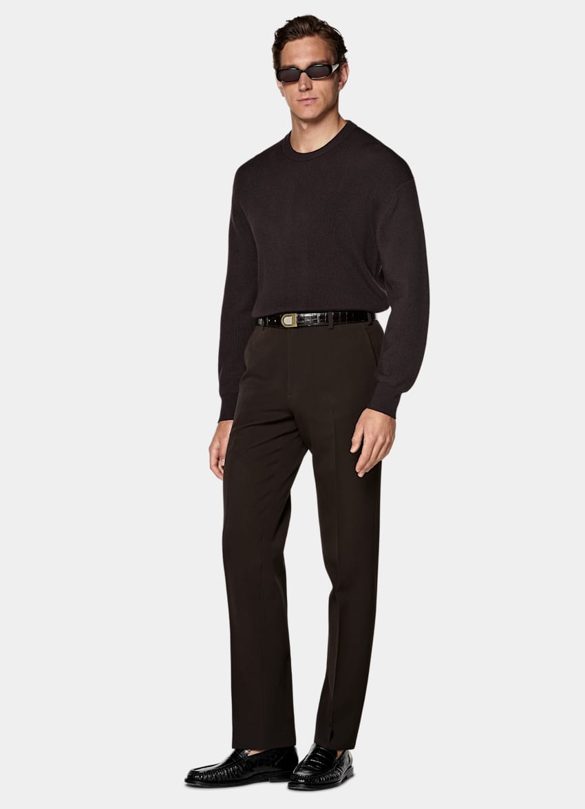 SUITSUPPLY All Season Wrinkle-Free 4-Ply Wool by Rogna, Italy Dark Brown Straight Leg Suit Trousers