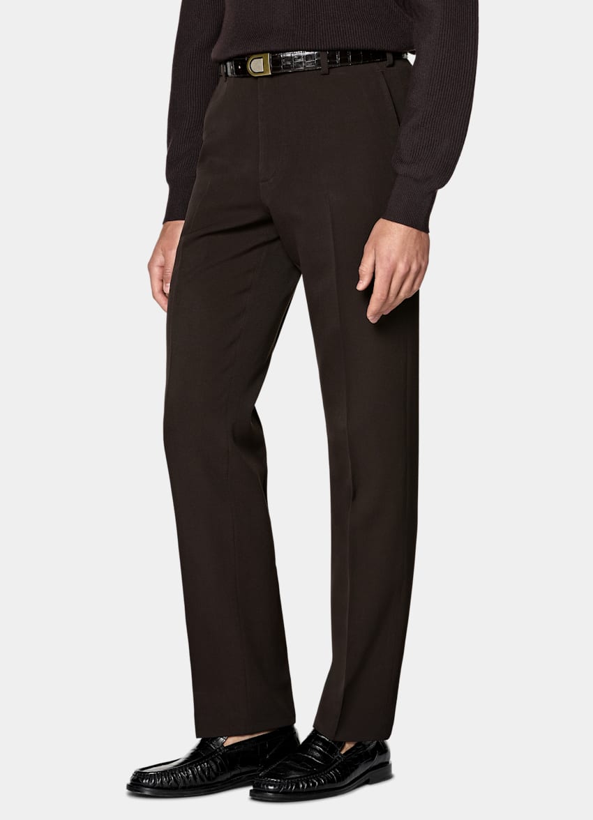 SUITSUPPLY All Season Wrinkle-Free 4-Ply Wool by Rogna, Italy Dark Brown Straight Leg Suit Trousers