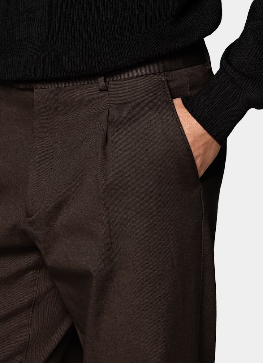 SUITSUPPLY All Season Stretch Cotton by Cervotessile, Italy Dark Brown Wide Leg Tapered Chinos
