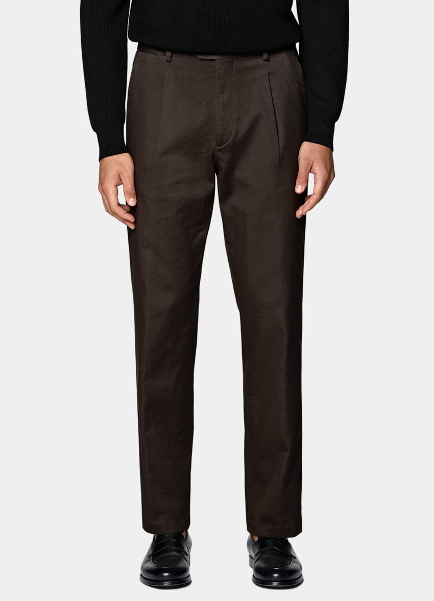 SUITSUPPLY All Season Stretch Cotton by Cervotessile, Italy Dark Brown Wide Leg Tapered Chinos