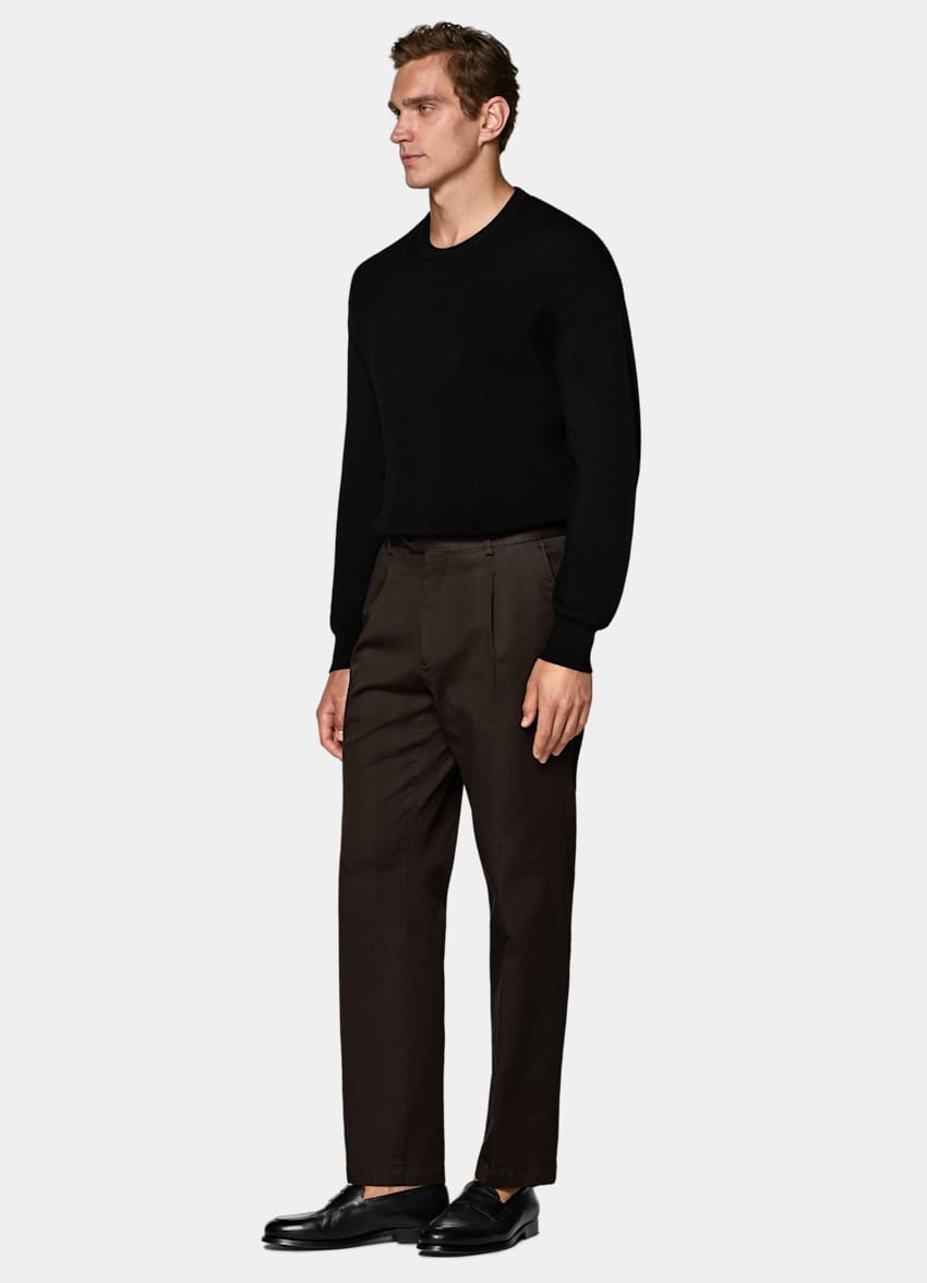 SUITSUPPLY All Season Stretch Cotton by Cervotessile, Italy Dark Brown Wide Leg Tapered Chinos