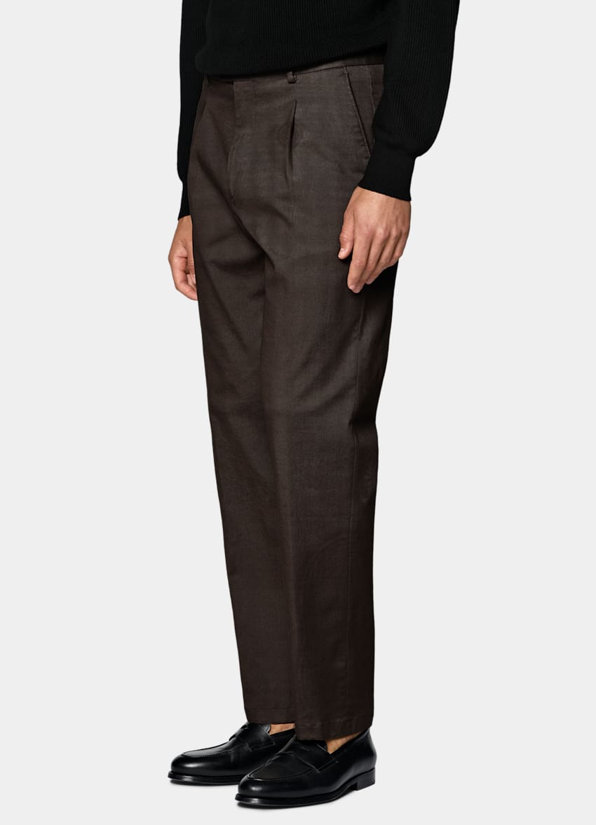 SUITSUPPLY All Season Stretch Cotton by Cervotessile, Italy Dark Brown Wide Leg Tapered Chinos