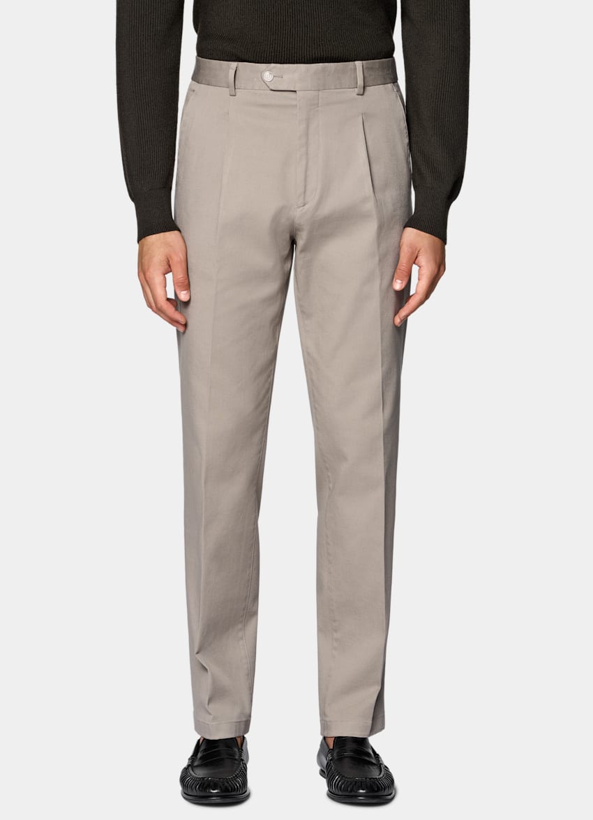 SUITSUPPLY All Season Stretch Cotton de Cervotessile, Italia Light Taupe Wide Leg Tapered Chinos