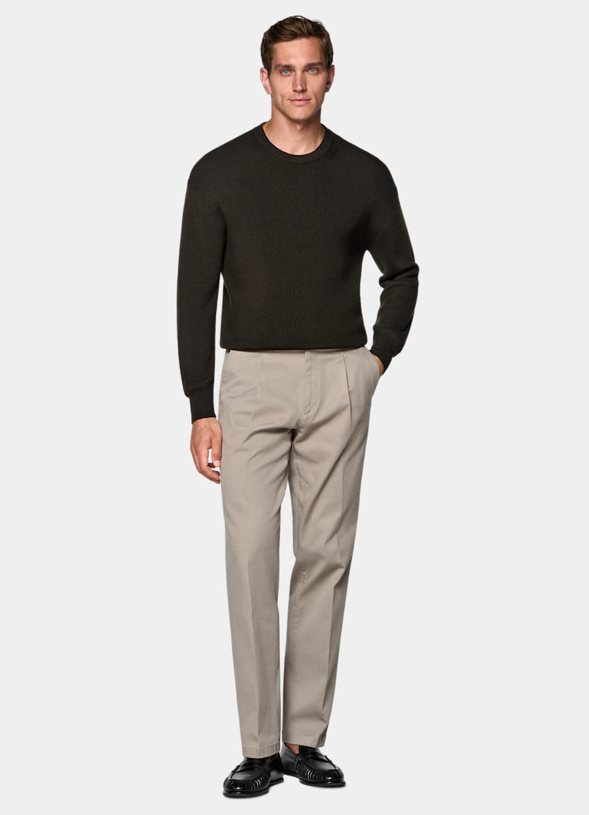 SUITSUPPLY All Season Stretch Cotton de Cervotessile, Italia Light Taupe Wide Leg Tapered Chinos