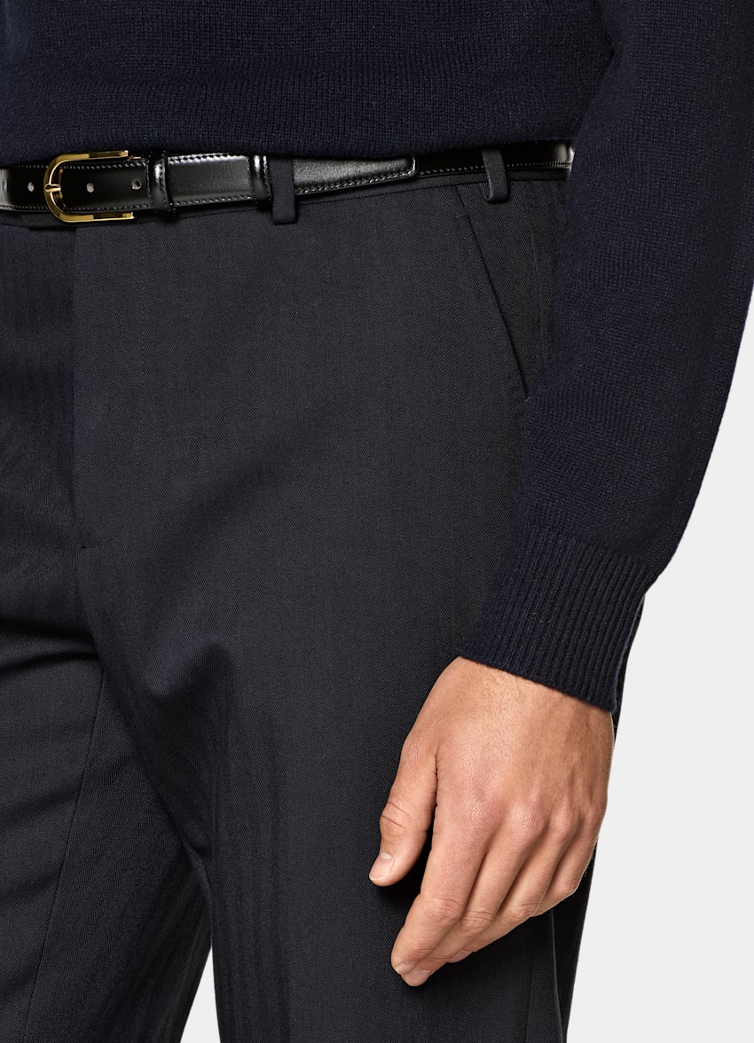 SUITSUPPLY All Season Stretch Wool Cotton by Di Sondrio, Italy Navy Herringbone Straight Leg Trousers