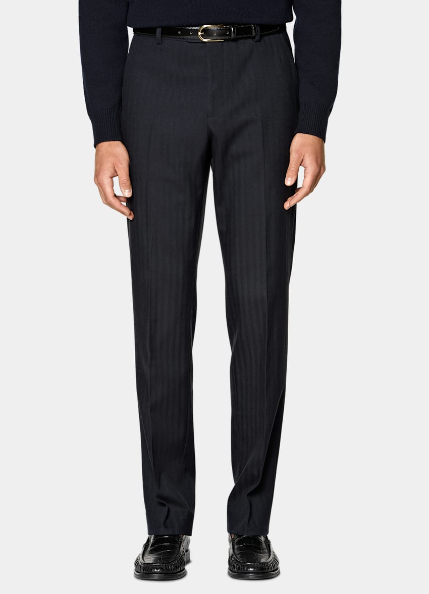SUITSUPPLY All Season Stretch Wool Cotton by Di Sondrio, Italy Navy Herringbone Straight Leg Trousers