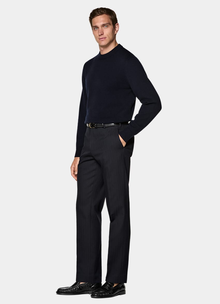 SUITSUPPLY All Season Stretch Wool Cotton by Di Sondrio, Italy Navy Herringbone Straight Leg Trousers