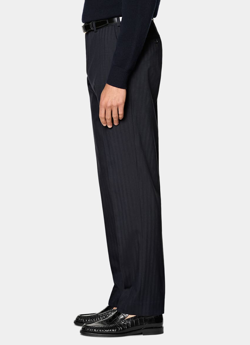 SUITSUPPLY All Season Stretch Wool Cotton by Di Sondrio, Italy Navy Herringbone Straight Leg Trousers