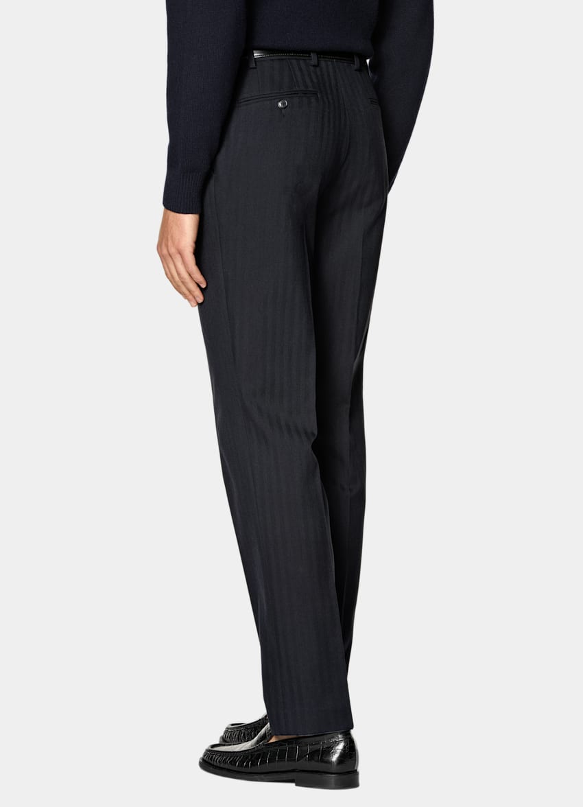 SUITSUPPLY All Season Stretch Wool Cotton by Di Sondrio, Italy Navy Herringbone Straight Leg Trousers