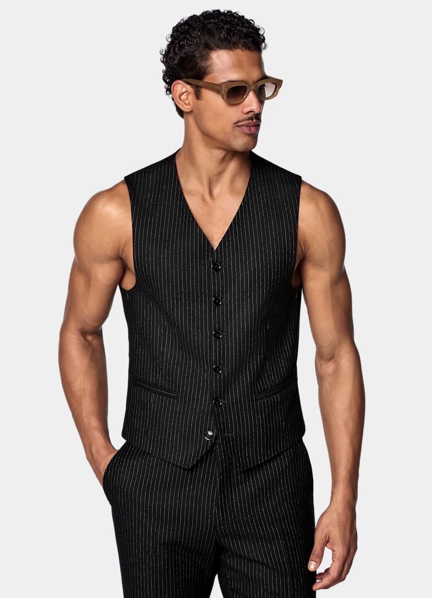 SUITSUPPLY Pure Wool by Savile Clifford, United Kingdom Black Striped Waistcoat