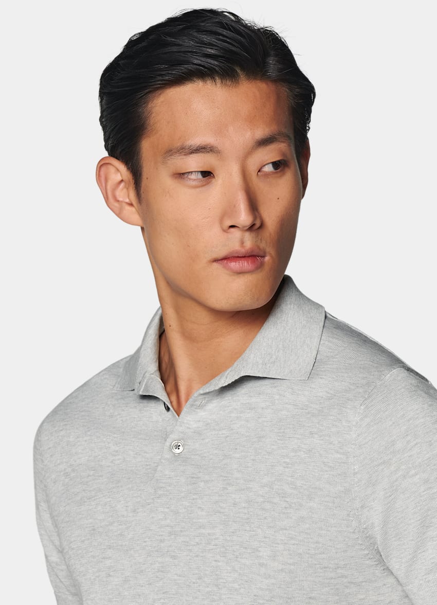 Light Grey Polo Shirt in Californian Cotton & Mulberry Silk