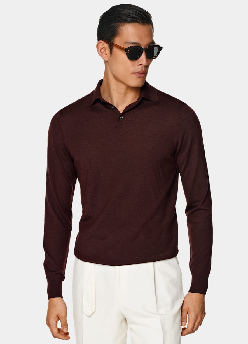 SUITSUPPLY Pure Australian Merino Wool Burgundy Long Sleeve Polo Shirt 