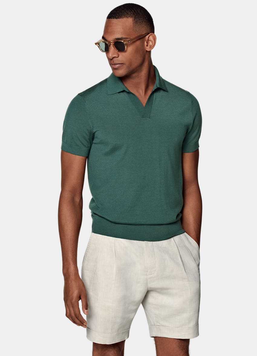 Green Buttonless Polo Shirt in Californian Cotton & Mulberry Silk ...