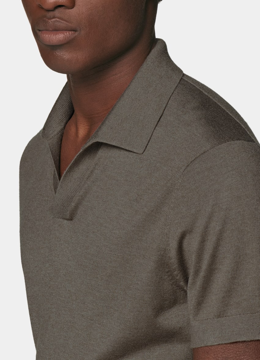 SUITSUPPLY Mulberry Silk, Australian Wool, Mongolian Cashmere Taupe Buttonless Polo Shirt
