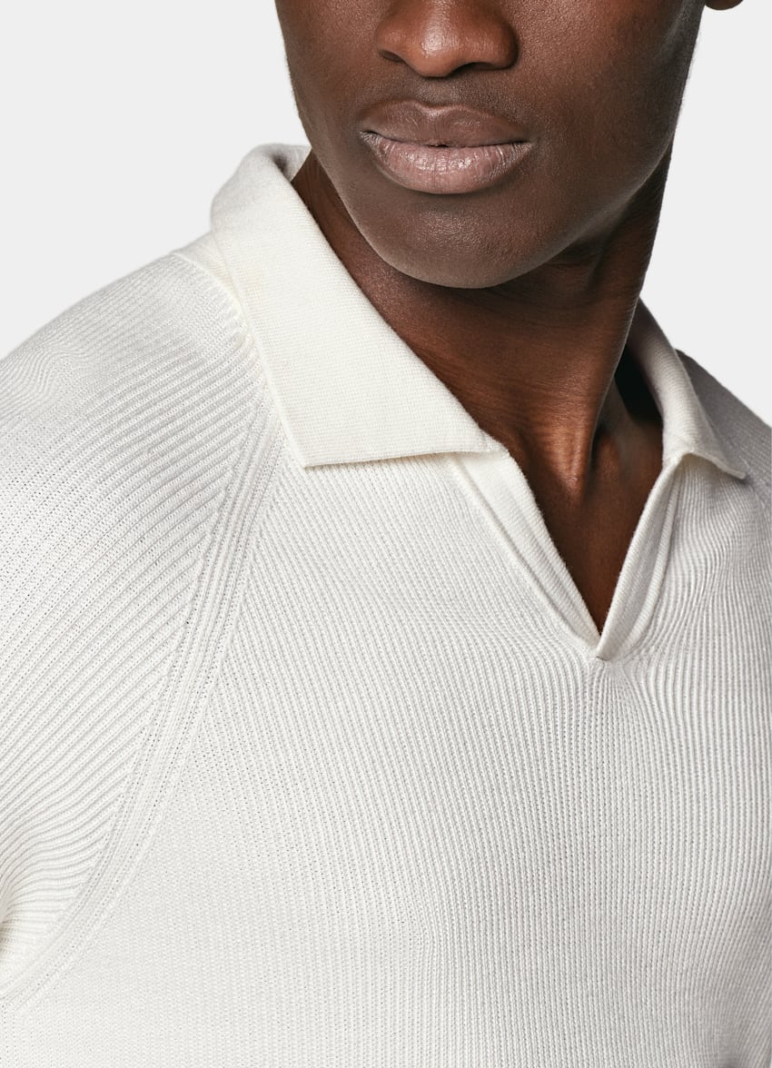 SUITSUPPLY Californian Cotton & Mulberry Silk Off-White Ribbed Buttonless Polo Shirt