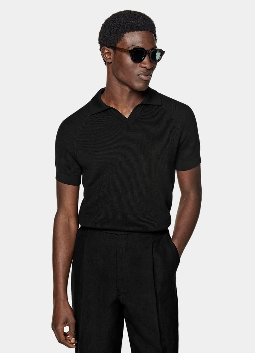 SUITSUPPLY Californian Cotton & Mulberry Silk Black Ribbed Buttonless Polo Shirt