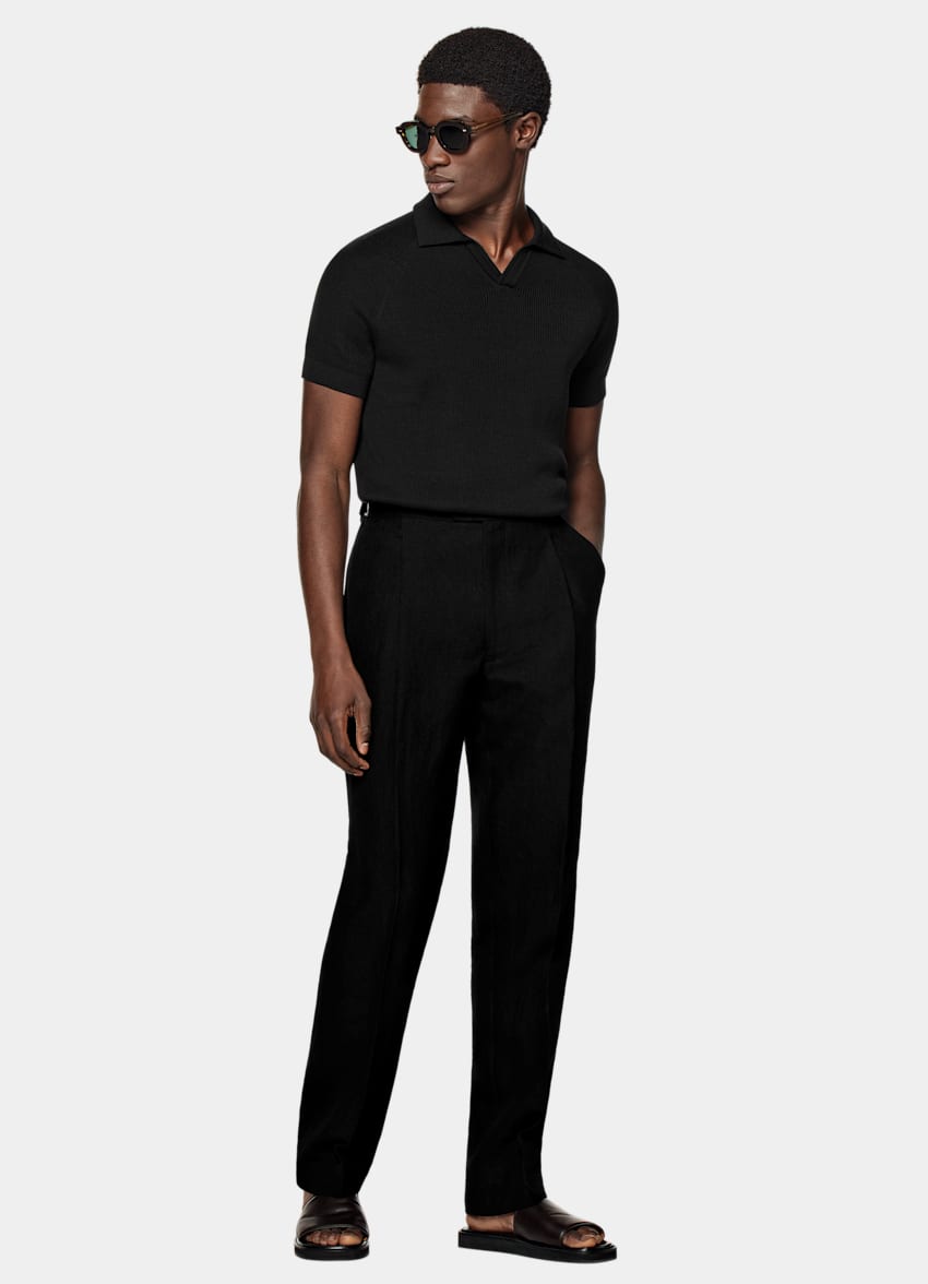 SUITSUPPLY Californian Cotton & Mulberry Silk Black Ribbed Buttonless Polo Shirt