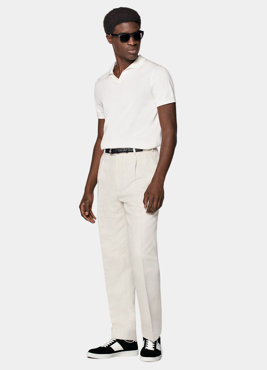 SUITSUPPLY Californian Cotton & Mulberry Silk Off-White Buttonless Polo Shirt 