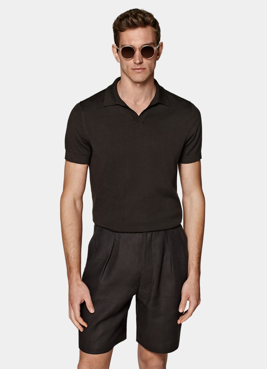 SUITSUPPLY Californian Cotton & Mulberry Silk Dark Brown Buttonless Polo