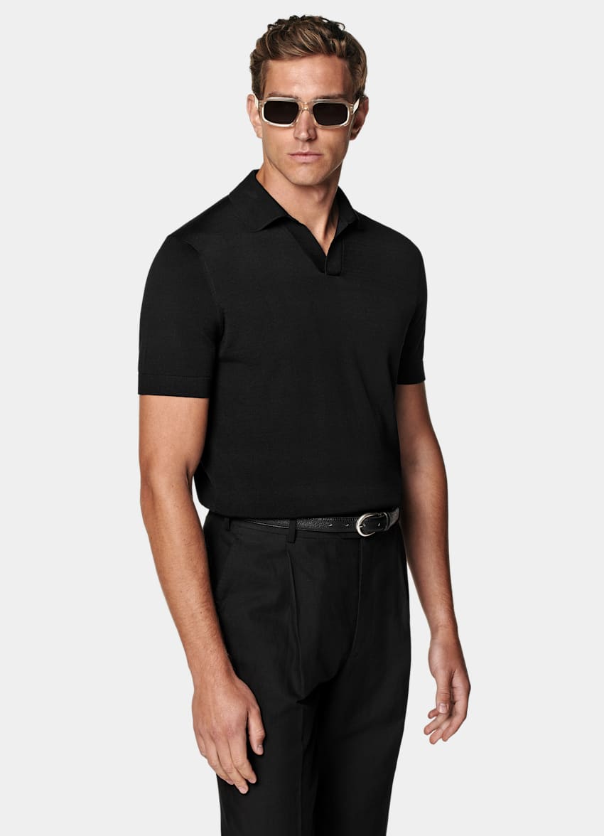 SUITSUPPLY Californian Cotton & Mulberry Silk Black Buttonless Polo
