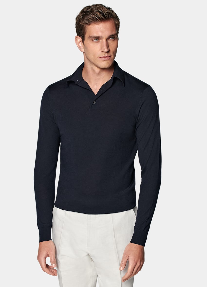 SUITSUPPLY Pure Wool Navy Long Sleeve Polo Shirt 