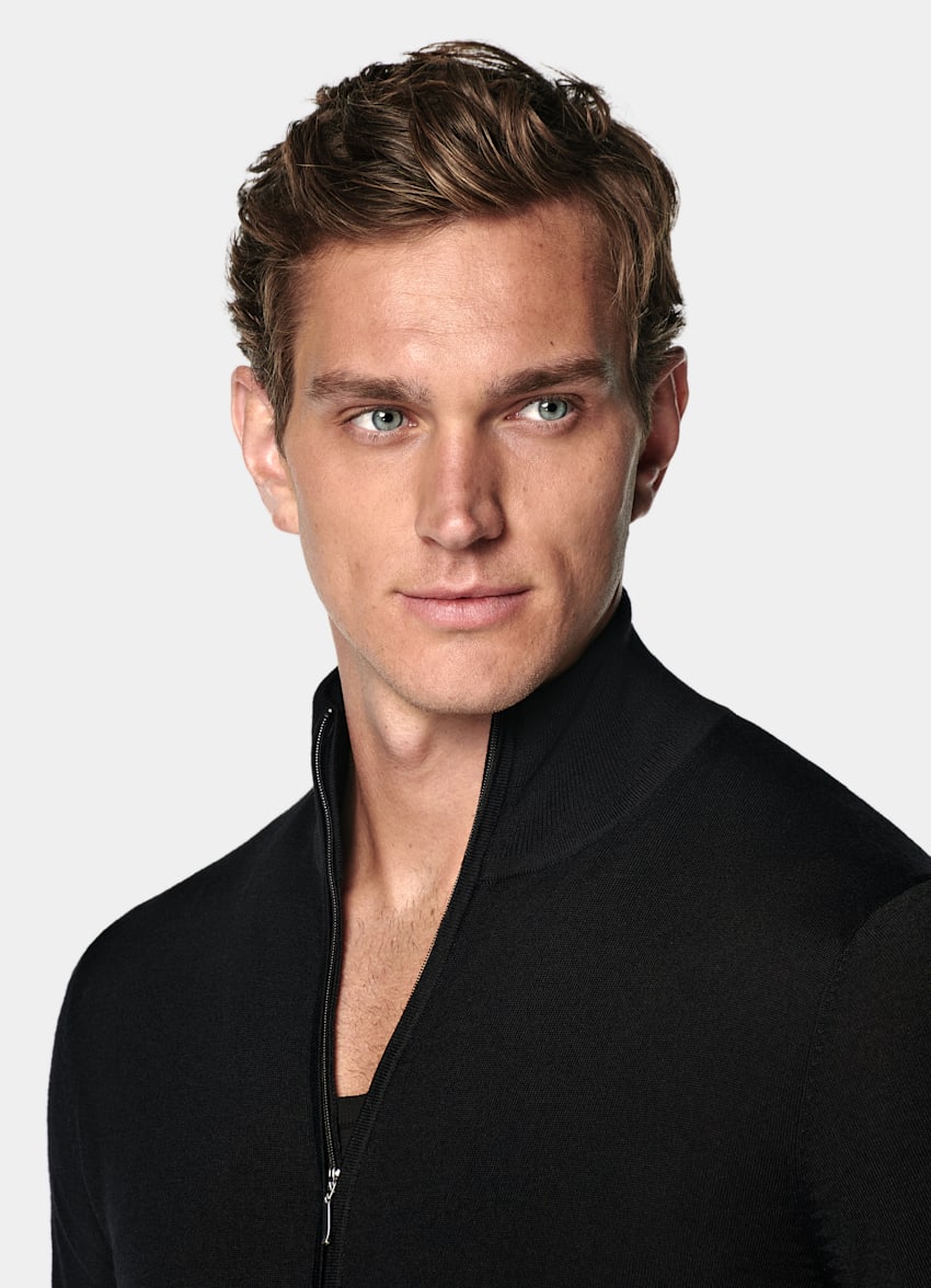 SUITSUPPLY Pure Wool Black Merino Zip Cardigan