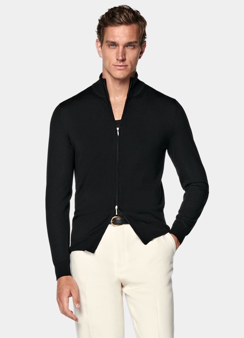 SUITSUPPLY Pure Wool Black Merino Zip Cardigan