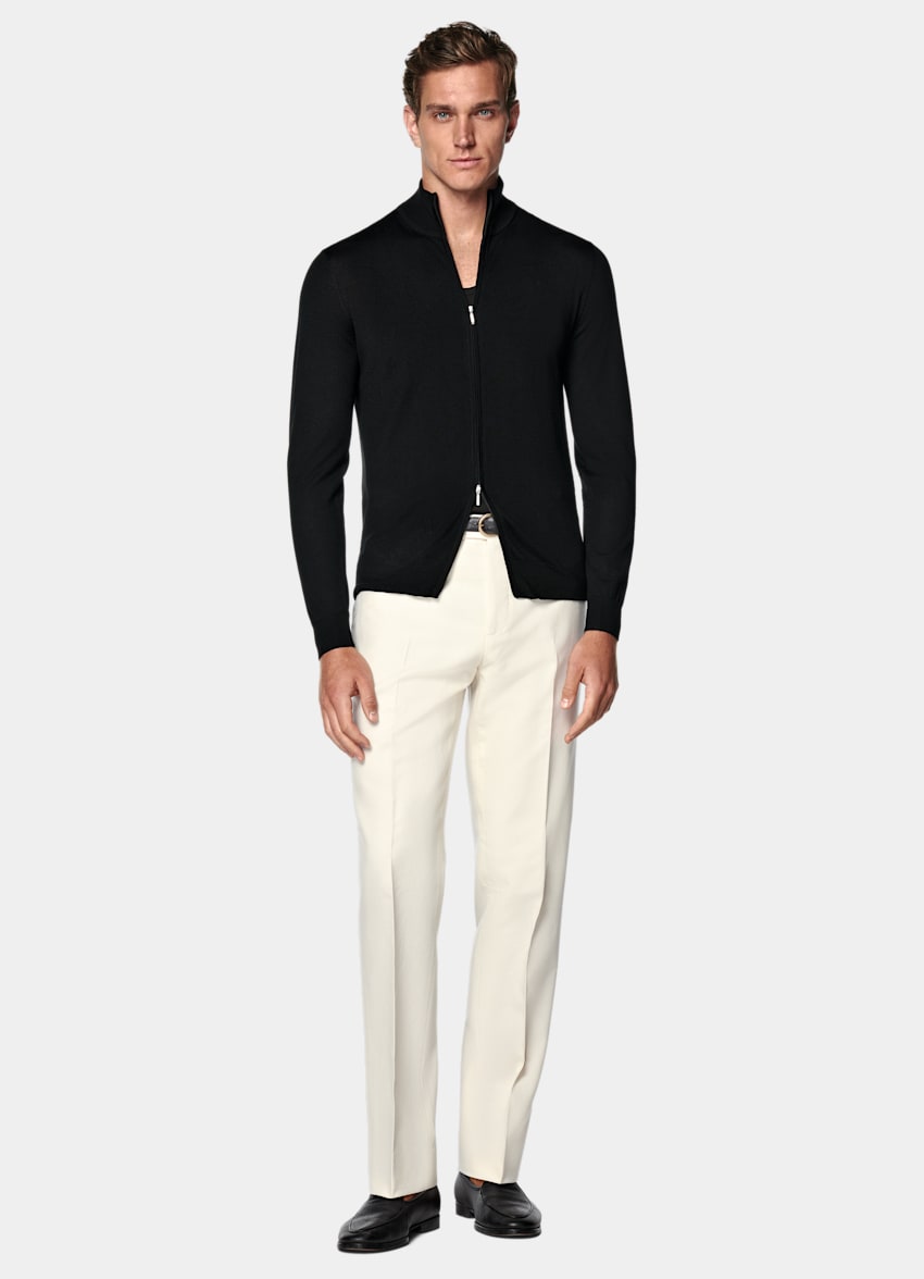 SUITSUPPLY Pure Wool Black Merino Zip Cardigan
