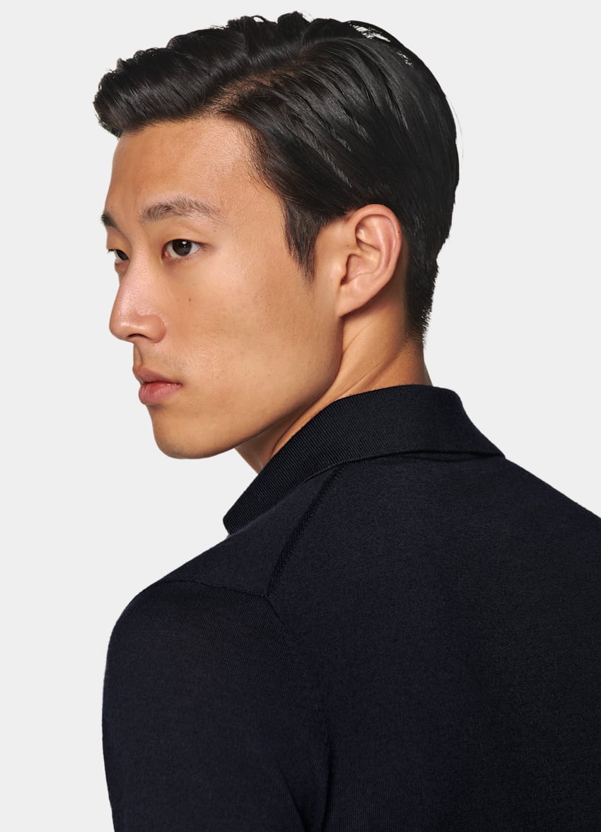 SUITSUPPLY Pure Wool Navy Merino Long Sleeve Polo Cardigan