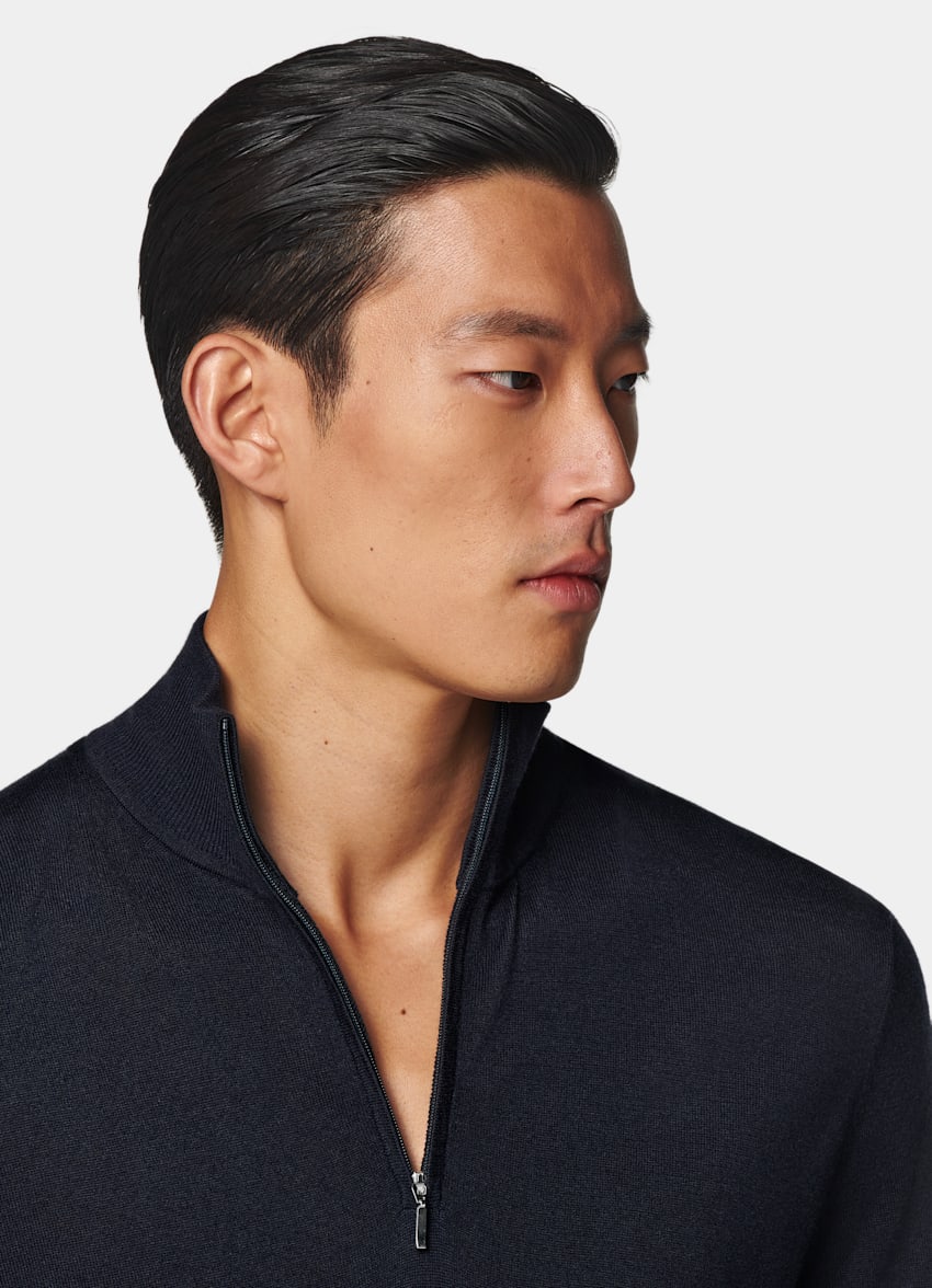 SUITSUPPLY 羊毛 藏青色美利奴半拉链针织衫