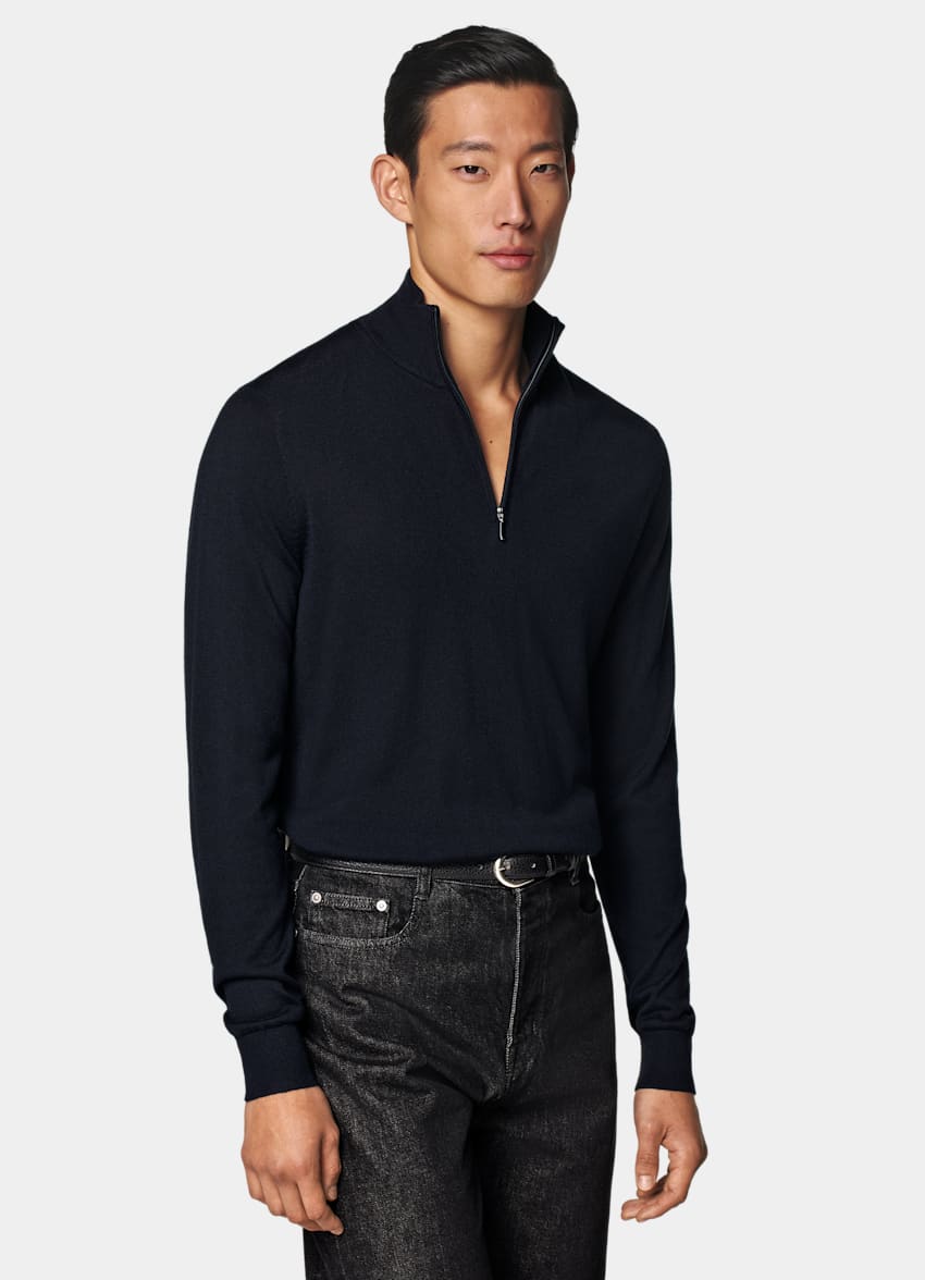 SUITSUPPLY 羊毛 藏青色美利奴半拉链针织衫