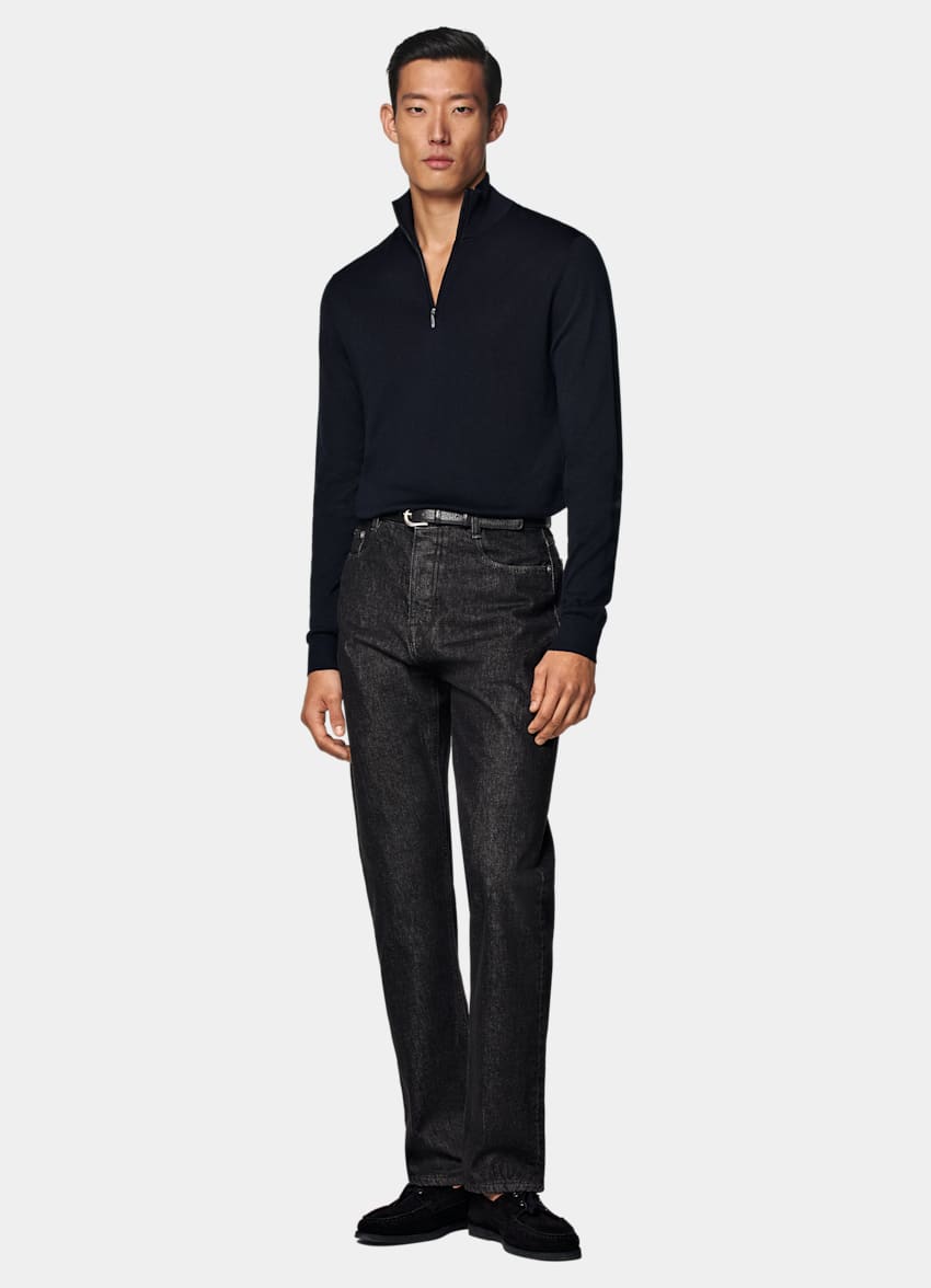 SUITSUPPLY 羊毛 藏青色美利奴半拉链针织衫