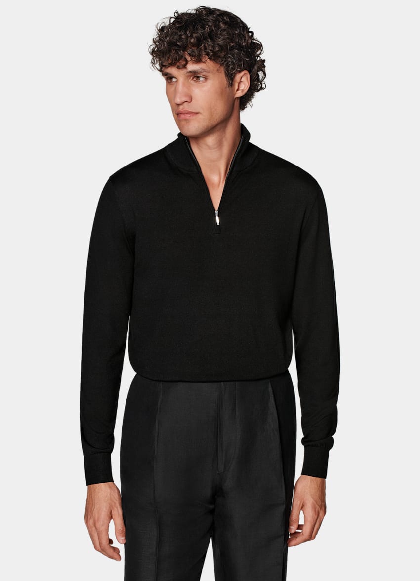 SUITSUPPLY Silk, Wool, Cashmere Black Half Zip