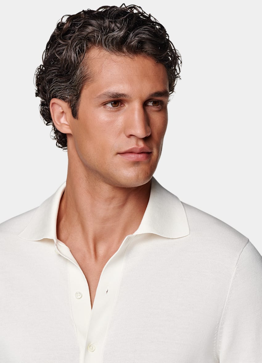 SUITSUPPLY Californian Cotton & Mulberry Silk Off-White Long Sleeve Polo Cardigan