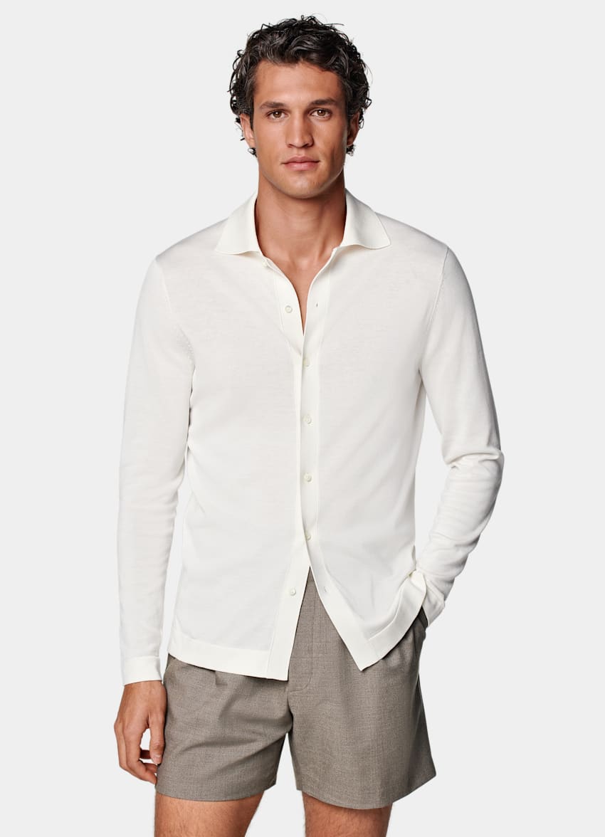 SUITSUPPLY Californian Cotton & Mulberry Silk Off-White Long Sleeve Polo Cardigan